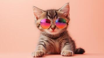 A kitten wearing sunglasses on a pink background photo