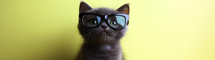 A cat wearing glasses on a yellow background photo