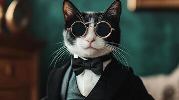 A cat wearing a suit and sunglasses photo