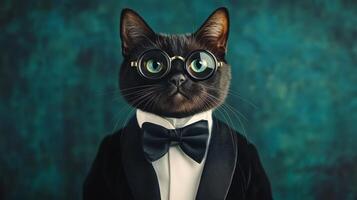 A cat wearing a tuxedo and glasses photo