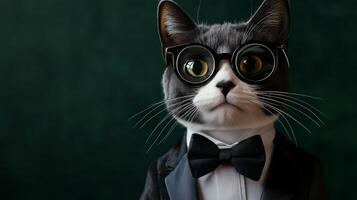 A cat wearing a tuxedo and glasses photo