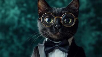 A black cat wearing a tuxedo and glasses photo