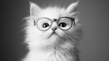 A white cat wearing glasses on a gray background photo