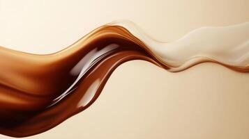 Chocolate liquid flowing on a beige background photo