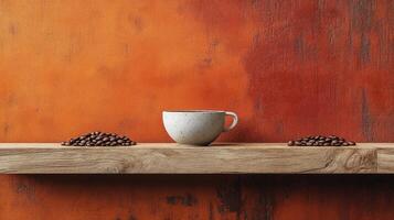 Coffee beans on wooden shelf with orange wall background photo