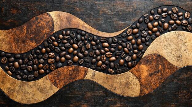 Coffee beans on a wooden table with a wave pattern photo