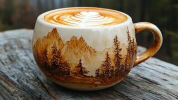 A coffee cup with a mountain scene on it photo