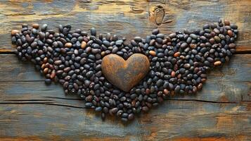 Coffee beans and heart on wooden background photo