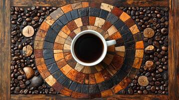 Coffee on a wooden table with stones and coffee beans photo
