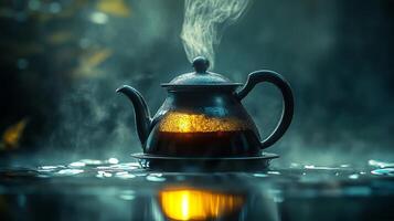 A black teapot with steam coming out of it photo