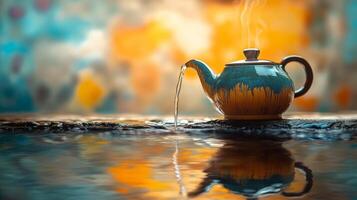 A teapot is sitting on the edge of a pool photo