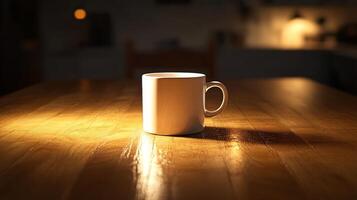 A coffee cup sits on a table in the dark photo
