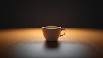 A coffee cup on a table in front of a dark background photo