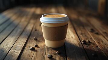 A coffee cup with a lid on top of a wooden table photo
