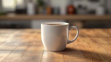 A white coffee cup sitting on a wooden table photo