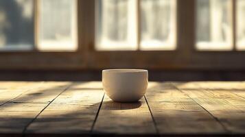 A coffee cup sitting on a wooden table in front of a window photo