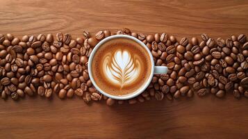 Coffee beans and cup of coffee on wooden table photo