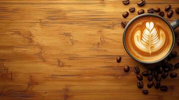 Coffee beans and cappuccino latte on wooden table photo