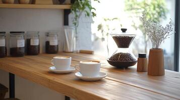 Coffee shop counter with two cups of coffee photo