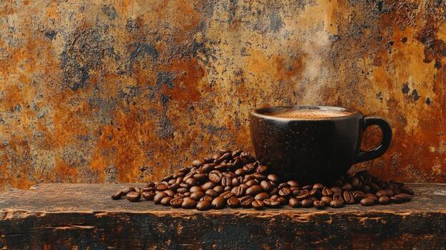 Coffee beans and cup of coffee on rustic background photo