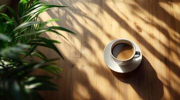 A cup of coffee on a table with sunlight streaming through the window photo