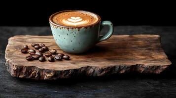A cup of coffee sits on a wooden board with coffee beans photo
