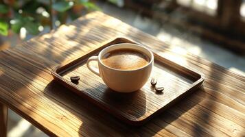A cup of coffee sits on a wooden tray photo