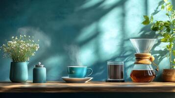Coffee maker, teapot, and flowers on a table photo