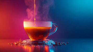 Hot coffee with steam pouring from the cup on a colorful background photo