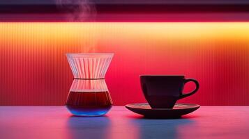 A coffee cup and a coffee maker on a table photo