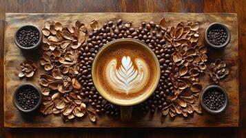 Coffee beans and coffee cup on wooden table photo