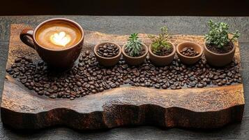Coffee beans and plants on a wooden tray photo