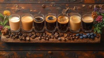 Coffee beans and coffee cups on a wooden table photo