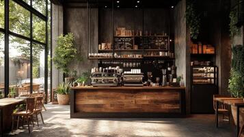 A coffee shop with wooden tables and chairs photo
