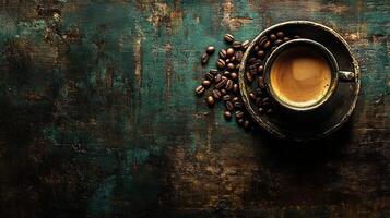 Coffee beans and cup of coffee on wooden table photo