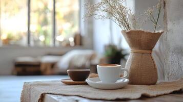Coffee and flowers on a table in a room photo