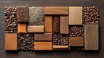 Coffee beans and wood on a wooden table photo