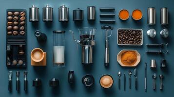 Various coffee and coffee equipment arranged on a blue surface photo