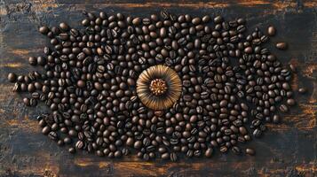 Coffee beans arranged in a circle on a wooden table photo