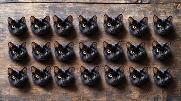 A large group of black cats are arranged in a row photo