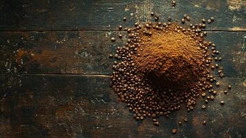 Cinnamon powder on a wooden table photo