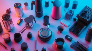 Various kitchen appliances arranged on a blue background photo