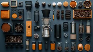 Coffee beans and coffee grinders arranged in a circle photo