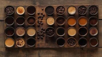 Coffee beans in wooden bowls on a wooden table photo