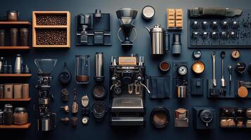 A collection of coffee related items on a wall photo