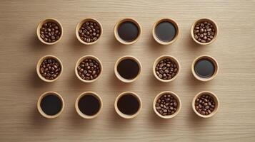 Coffee beans in wooden bowls on a wooden table photo