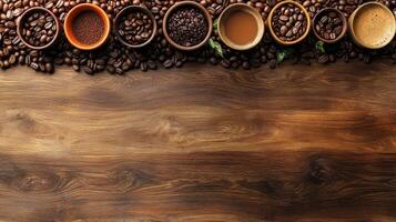 Coffee beans and coffee beans on wooden table top view photo