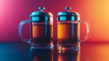 Two glass coffee mugs with coffee on a colorful background photo