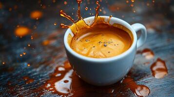 A cup of coffee with a splash of liquid photo