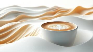 A cup of coffee sits on top of a white table photo
